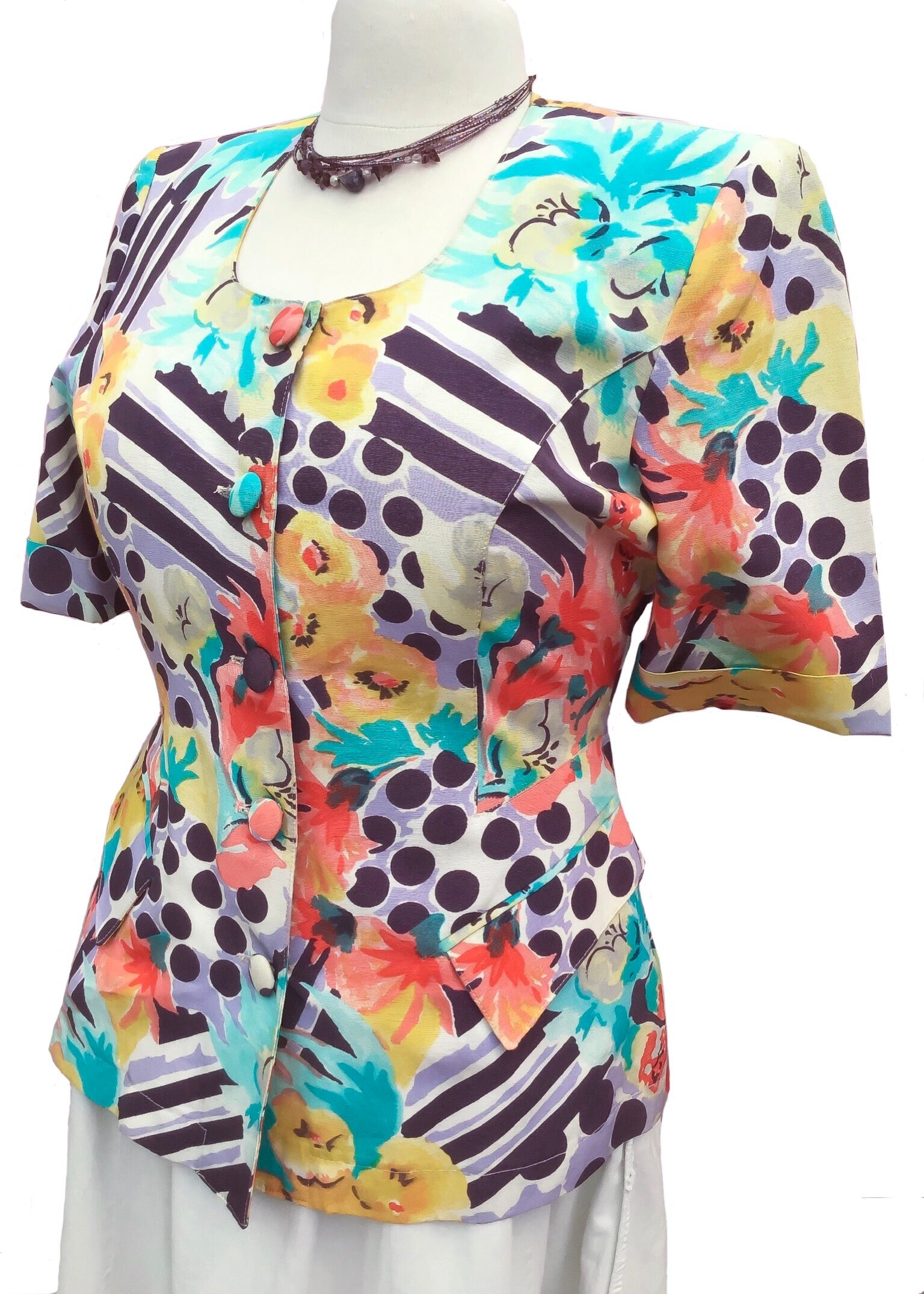Abstract colourful 80s summer short sleeve jacket for women.