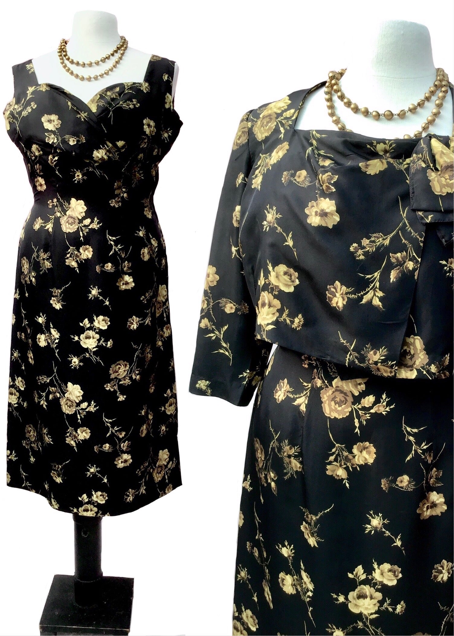 Vintage Frederick starke cocktail dress with matching box jacket in black silk with a muted gold rose print, vintage era 1960s, perfect for a wedding or summer event. To fit 40 inchbust