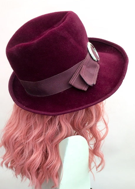 1970s Women's Vintage Burgundy Felt Trilby Hat with a Deep Crown