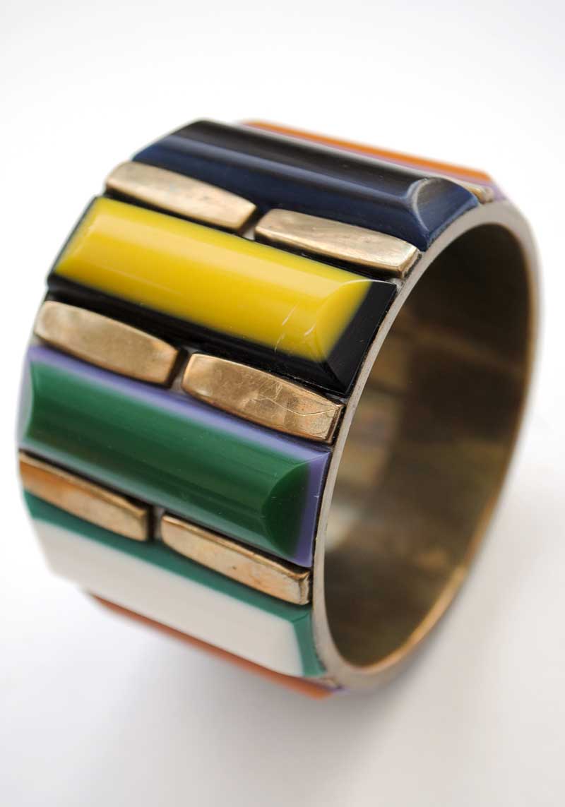 Large Chunky Brass with Multicoloured Resin Laminate  Bangle