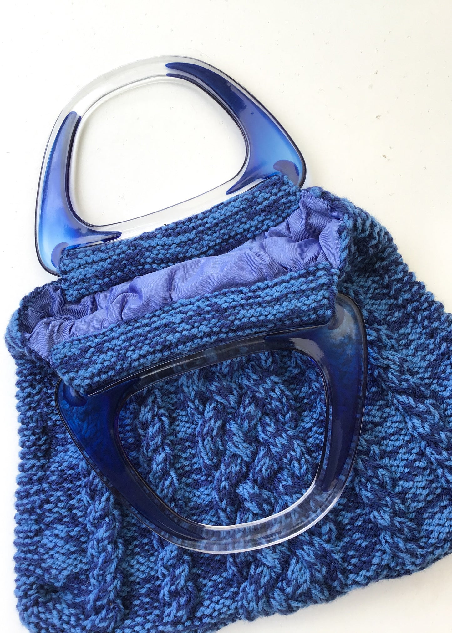 Vintage Blue Lucite Handle Knitting Bag 💙 Chunky Cable Knit
