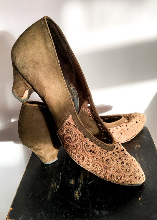 vintage clarks serenity bettina suede and lace ladies slip on shoes with a small block heel
