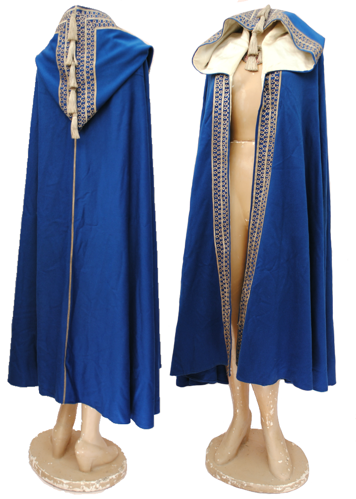vintage blue wool cashmere hooded cloak with metallic silver embroidery and tassels, fully lined with white satin