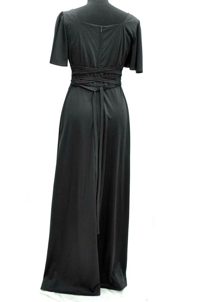 1970s Vintage Black Maxi Evening Dress with Laced Back