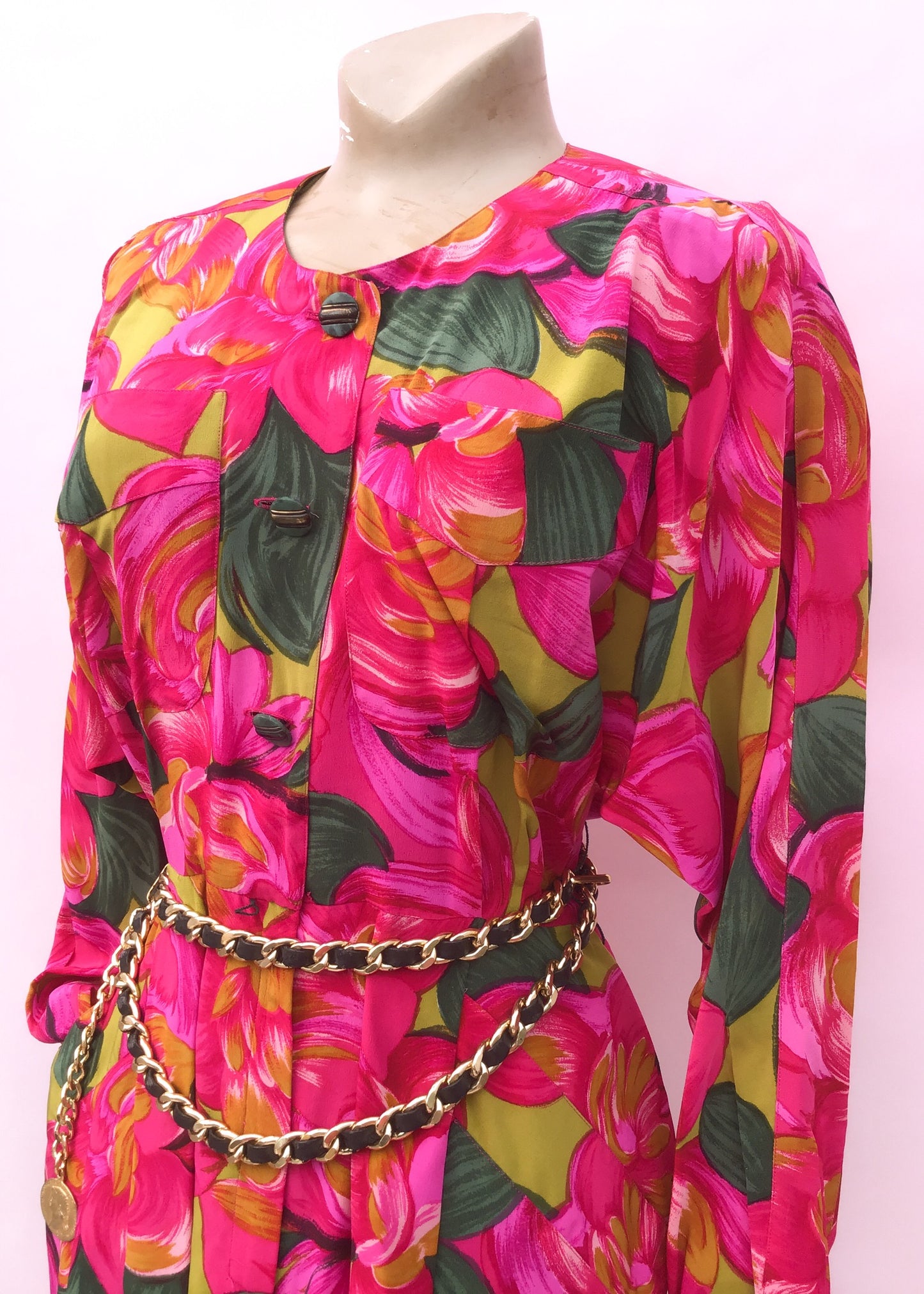 1980s Vintage Fuscia Pink Floral Silk Shirt Waister Dress by Gillian