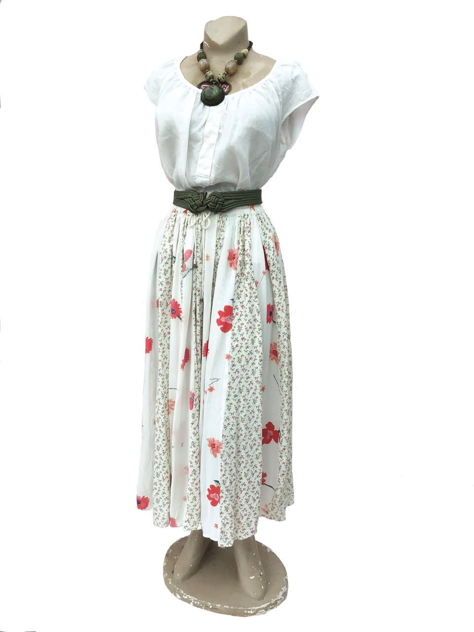 1990s Vintage White & Red Floral Panel Hippy Skirt