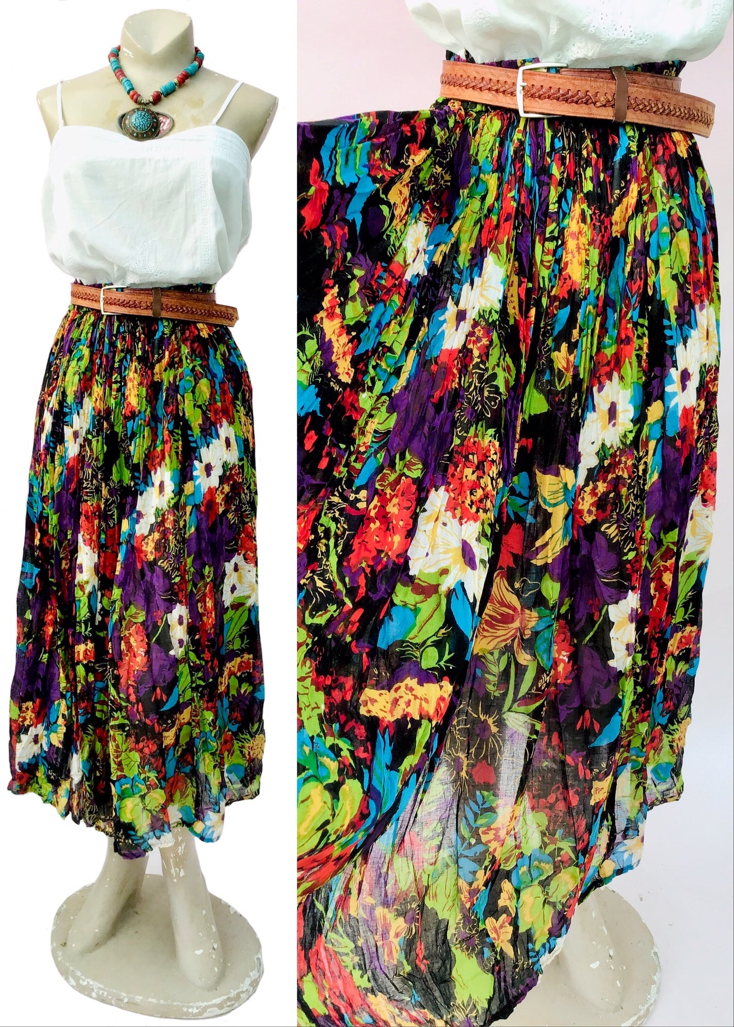 Multicoloured gauze cotton hippie skirt with elasticated waist to fit most sizes.