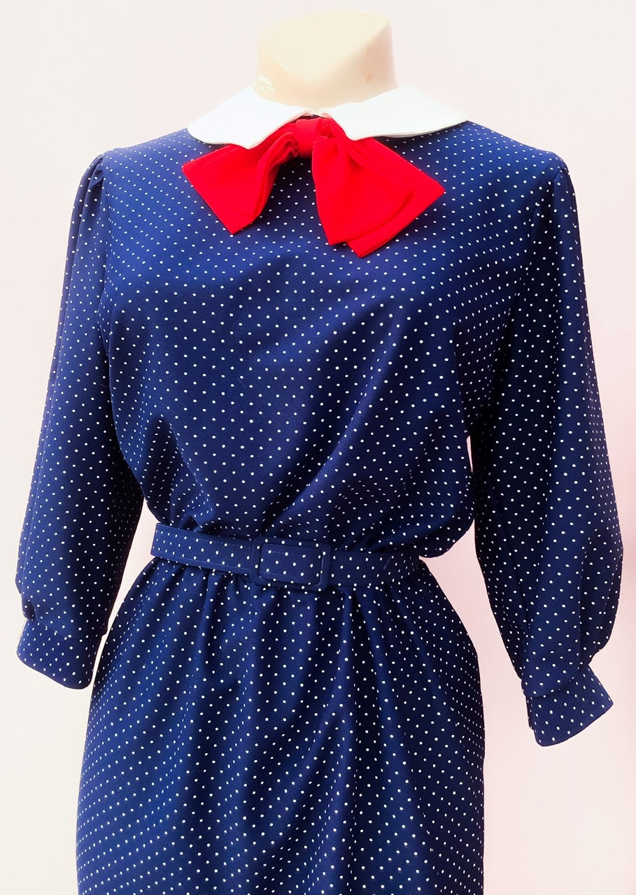 1970s Blue Swiss Dot Dress With Peter Pan Collar and Red Bow