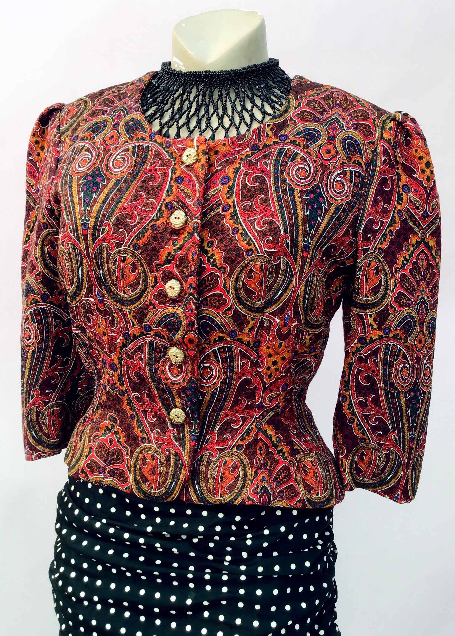 Louisa couture vintage silk paisley evening jacket, cropped to upper hip with 3/4 sleeves, gold button fastening