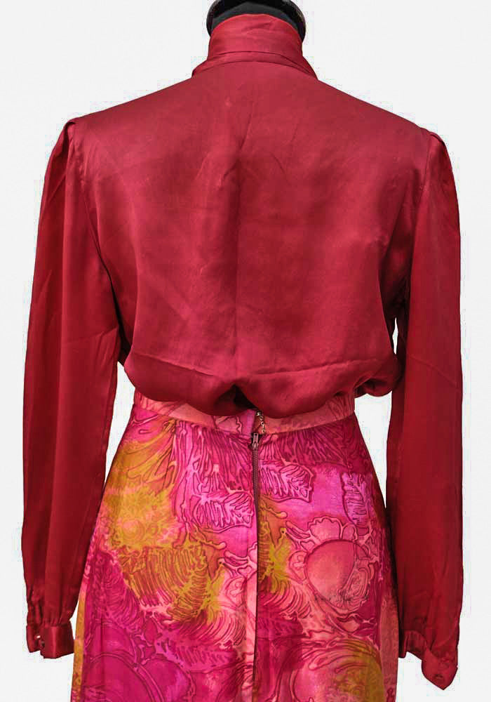 1980s Vintage Cherry Red Silk Pussy Bow Blouse, Pintucked Front