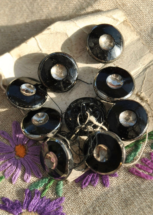 Nine Vintage Black & Silver Glass Buttons