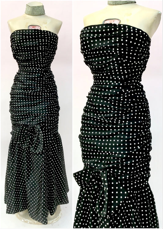 80s polka dot prom dress, hourglass figure hugging wiggle dress with mermaid tail frill and huge bow, coffin ruched  for added hollywood glam