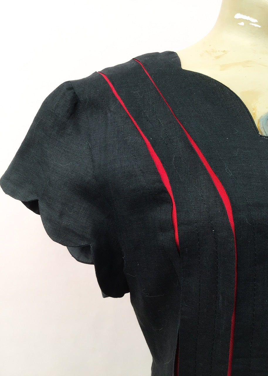1980s Black & Red Linen Vogue Wiggle Shift Dress