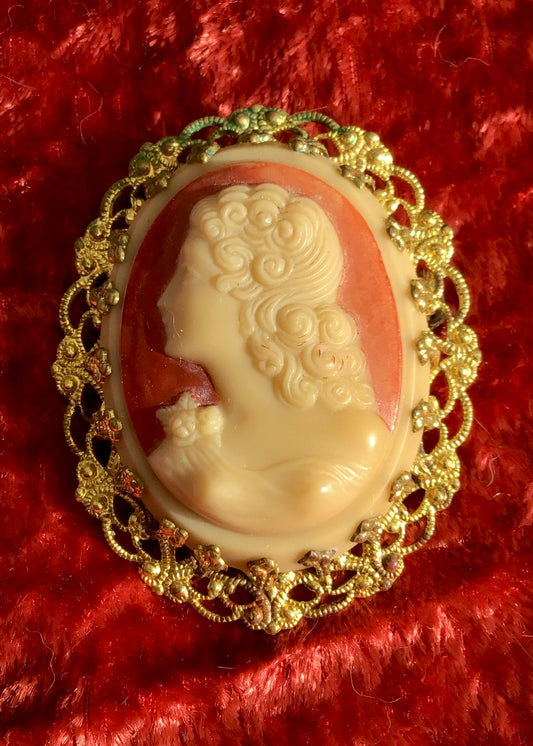 vintage celluloid cameo brooch on a filigree base