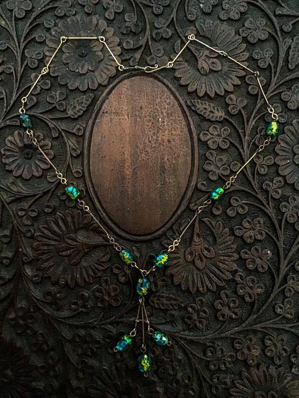 1900s Antique Nouveau Foiled Peacock Art Glass Lavaliere Necklace