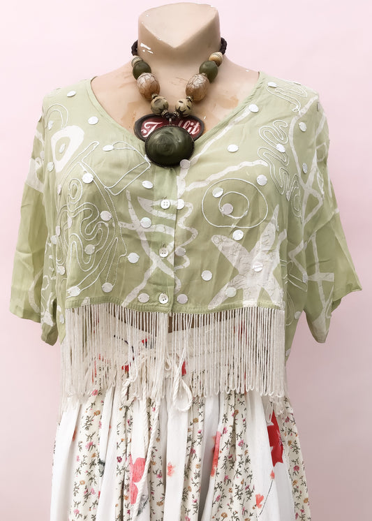 Vintage 80s Green Indian Cotton Kimono Top with Fringe • Boho Hippy