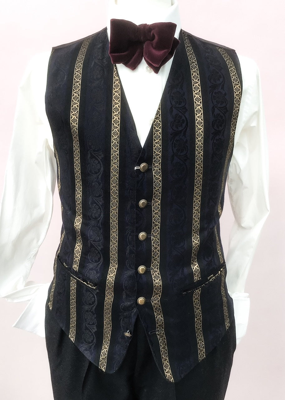 36 inch chest vintage burton dress waistcoat in a blue, gold and black striped damask