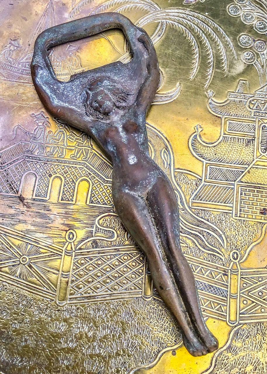 antique bronze naked lady bottle opener, perfect bar accessory for vintage lovers of collectable brewiana