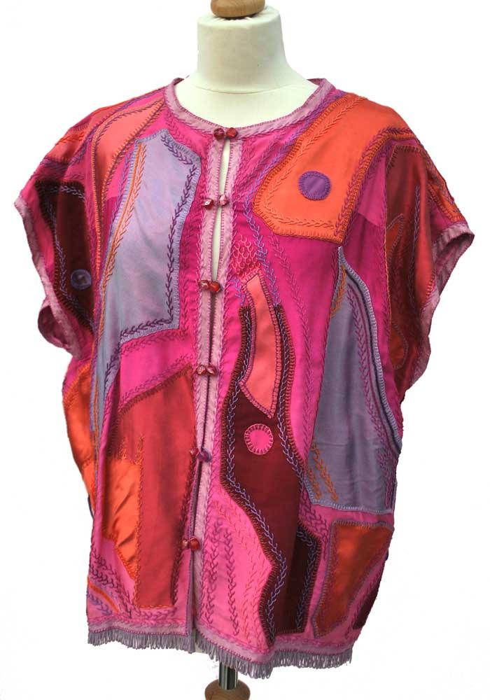 Hand stitched silk patchwork, pink artisan jacket gilet