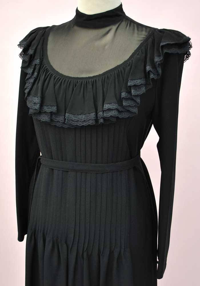 1970s Vintage Black Chiffon Pleated Cocktail Dress • Illusion Bodice