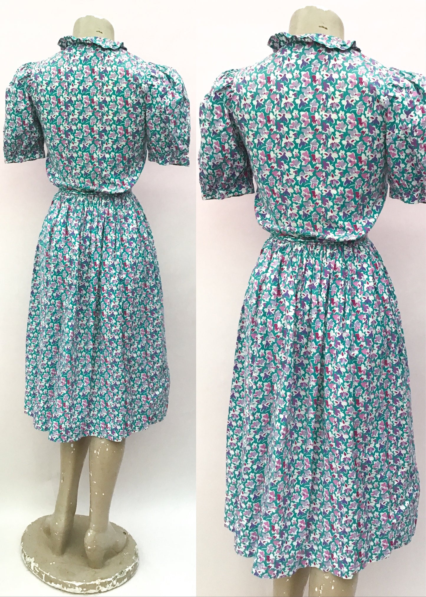 1940s Vintage Lilac Turquoise Floral Cotton Summer Tea Dress