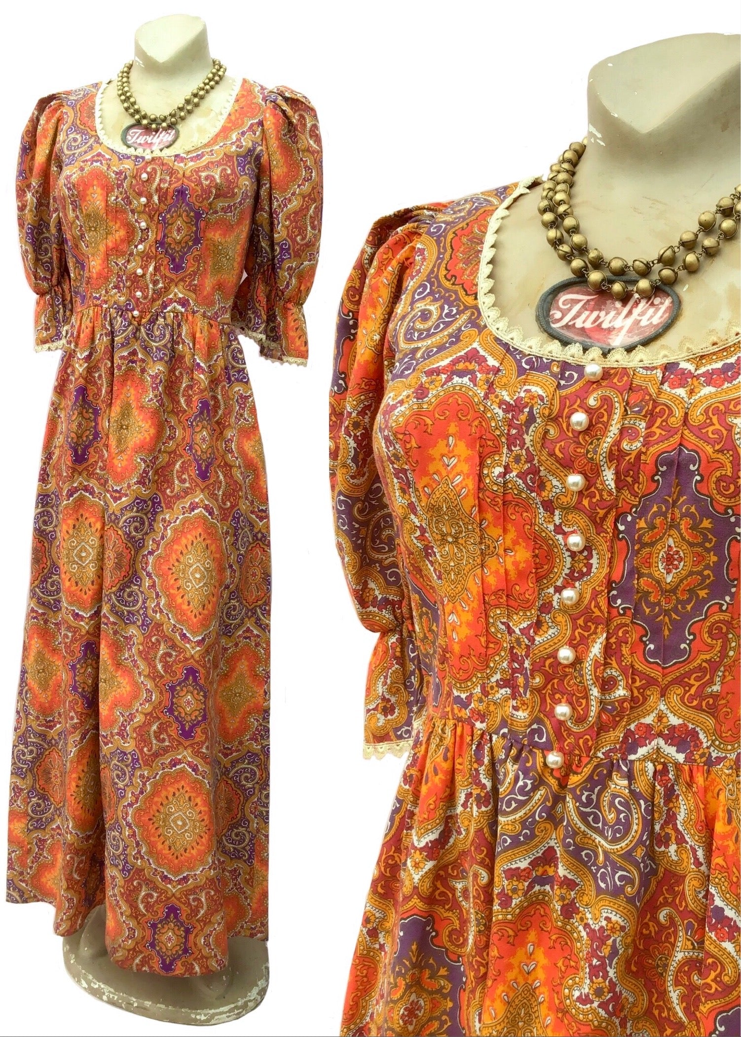 1970s Vintage Orange Psychedelic Boho Maxi Dress • Puffed Sleeves • Fe ...