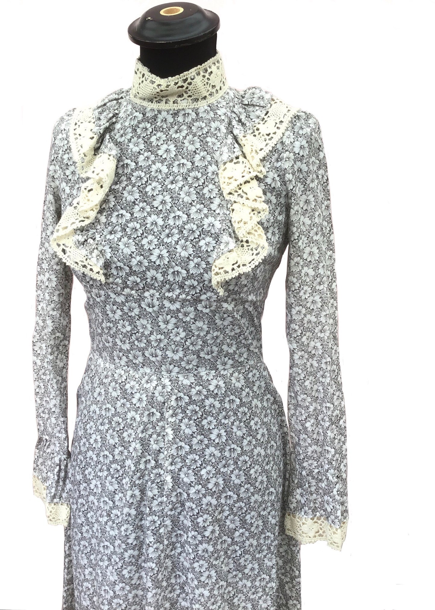 1970s Vintage Grey Floral Prairie Maxi Dress by Mr Darren
