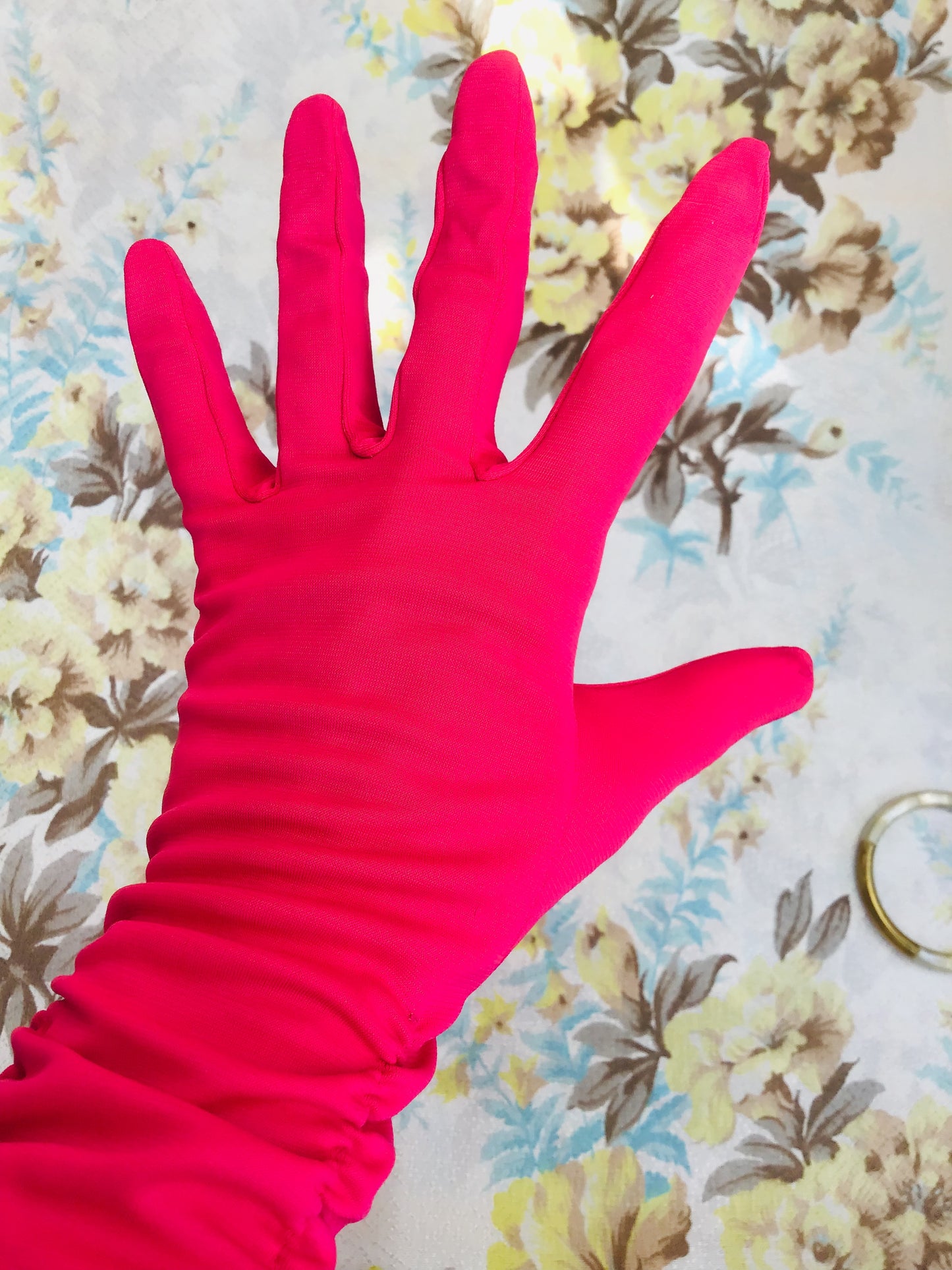 1950s Vintage Hot Pink Ruched Cocktail Gloves • 6.5
