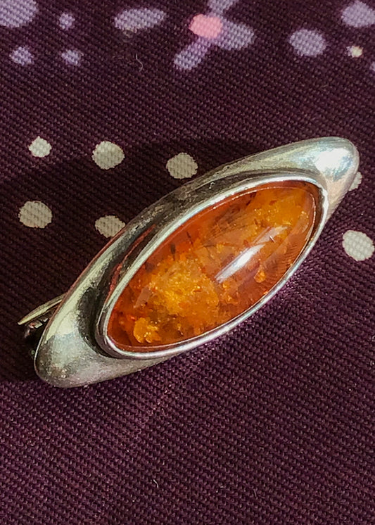 silver mounted amber pin brooch, vintage 925 marked silver