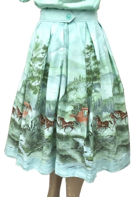 Vintage 50s Novelty John Wolf Border Print Cotton Skirt • Stage Coach