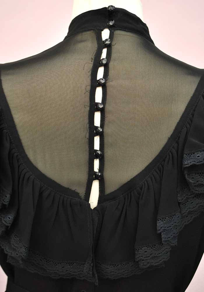 1970s Vintage Black Chiffon Pleated Cocktail Dress • Illusion Bodice
