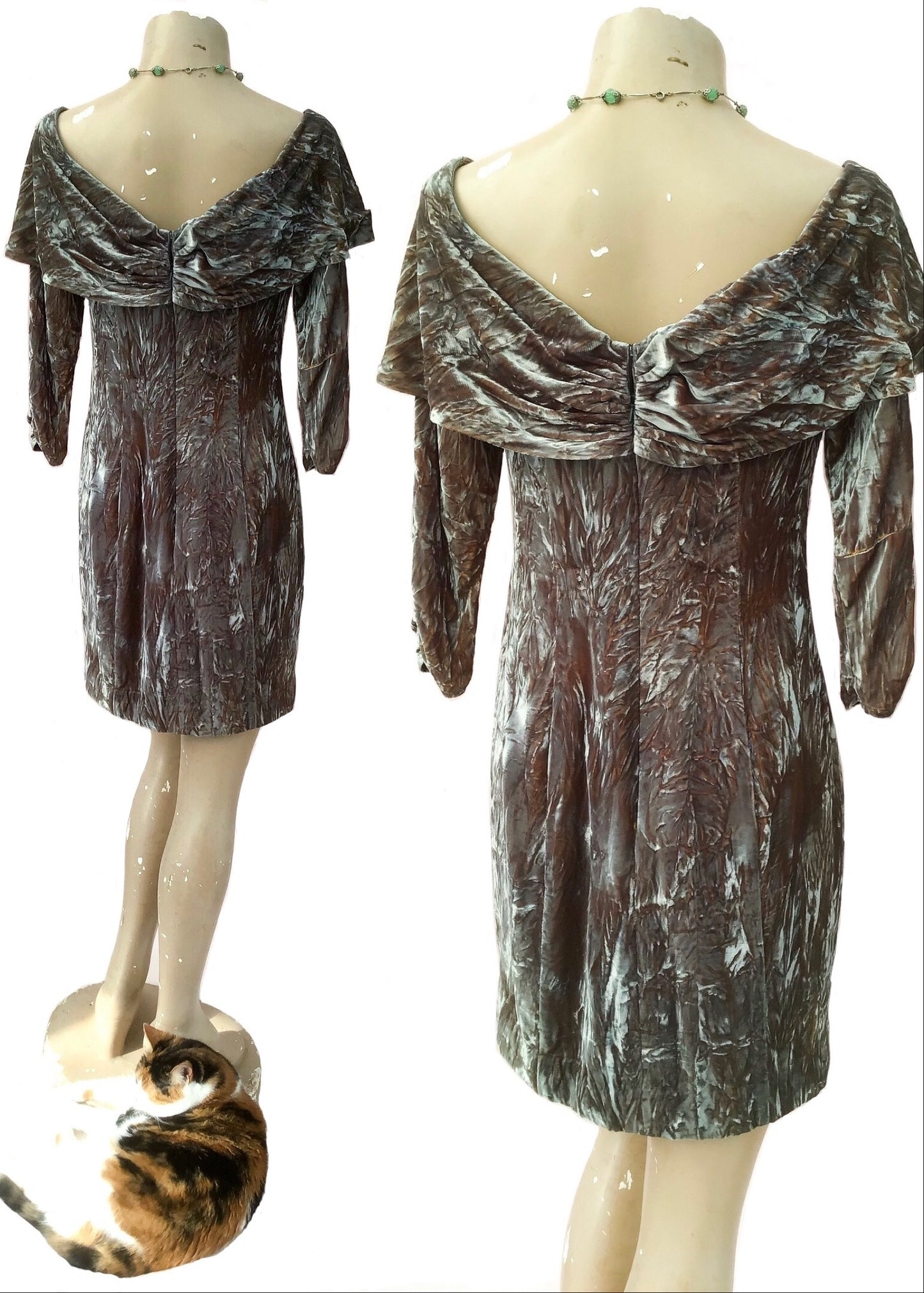 1990s Two Tone Crushed Greeny Grey Velvet Cocktail Party Dress