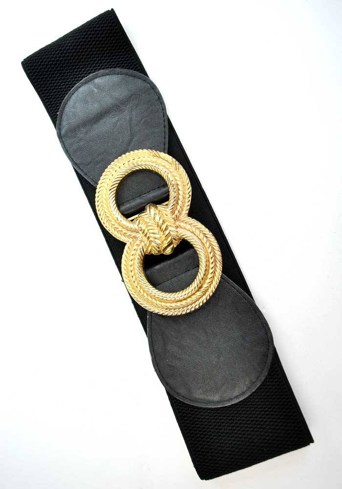 1990s Elasticated Black Cincher Belt With Gold Rope Buckle Top