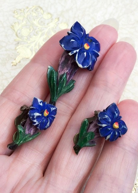 1940s Vintage Alpine Flowers Carved Bone Blue Gentian Brooch Earrings Set