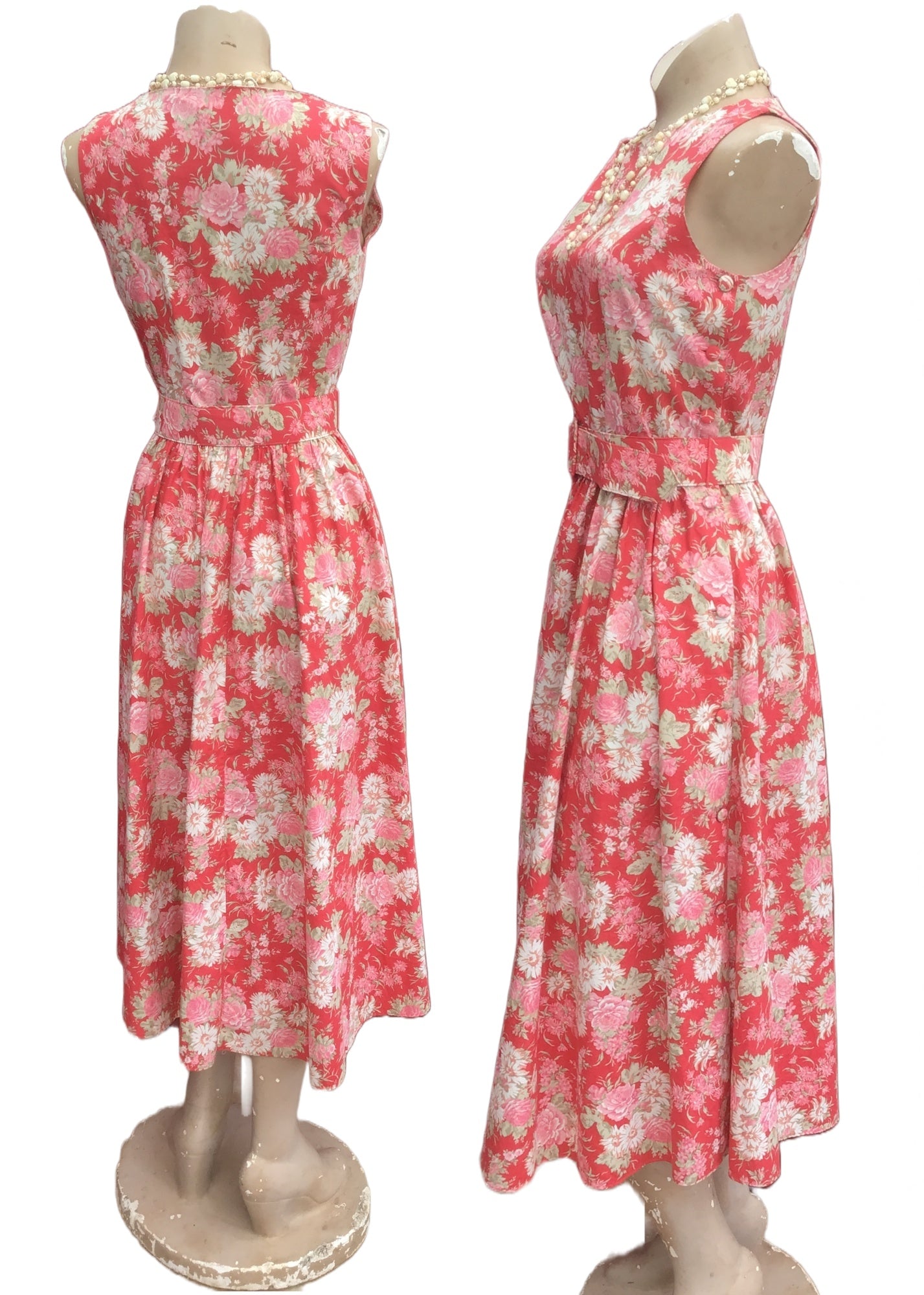 Vintage 80s Laura Ashley Pink Floral Sleeveless Dress with Belt • Summer Dress