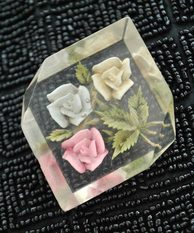 vintage 30s reverse carved clear lucite brooch with 3 roses