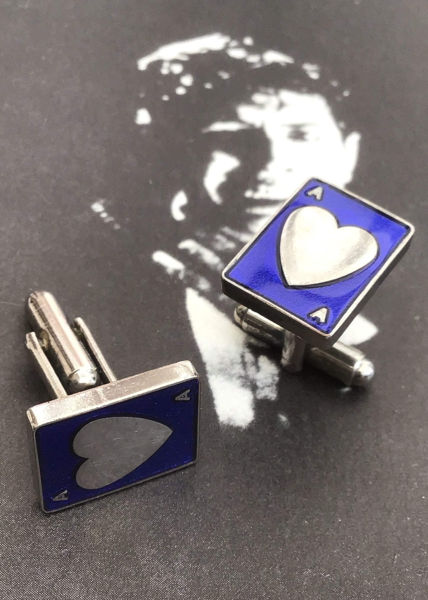 Costume Ace of Hearts Enamel Cufflinks • Blue and Silver Colour