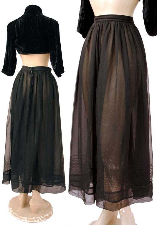 vintage 1910s style black sheer skirt with pin tucked bands around the hem, see through skirt.