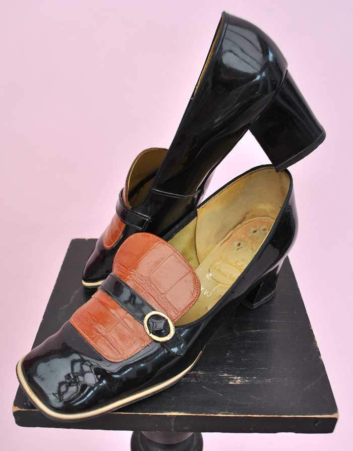 original vintage 60s square front slip on Mod shoes in black patent with mock croc vamp