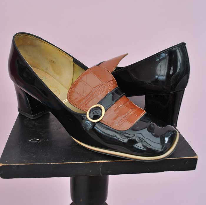 black and tan patent 60s Mod shoes for women with buckle and strap