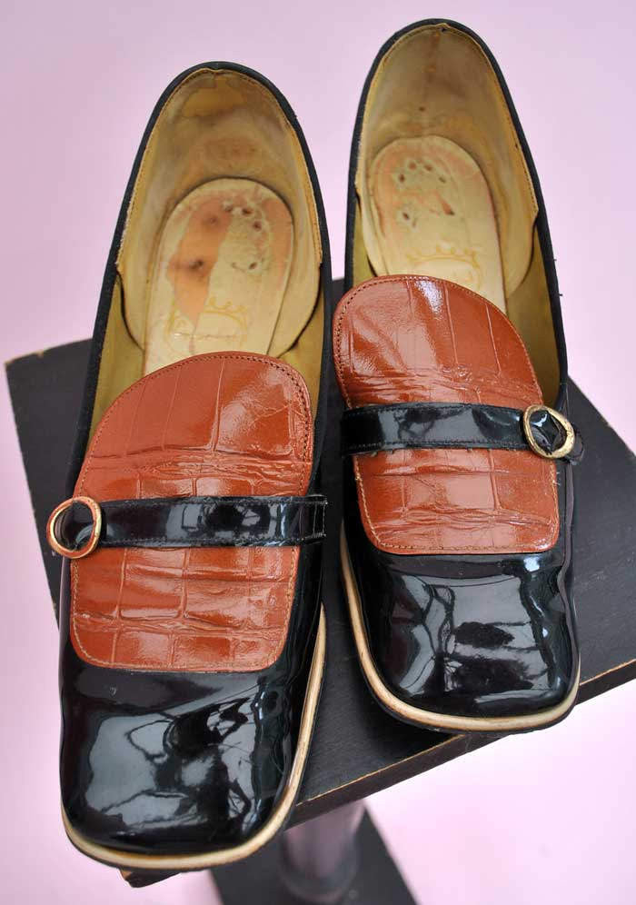 vintage 1960s square toe, slip on, black patent shoes, go-go or Mod these are  very much of that era 