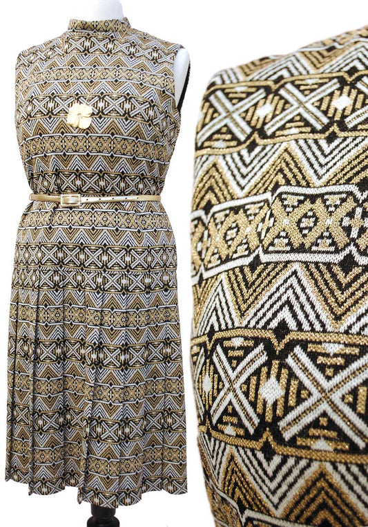 60s black and gold lurex pleated sleeveless dress