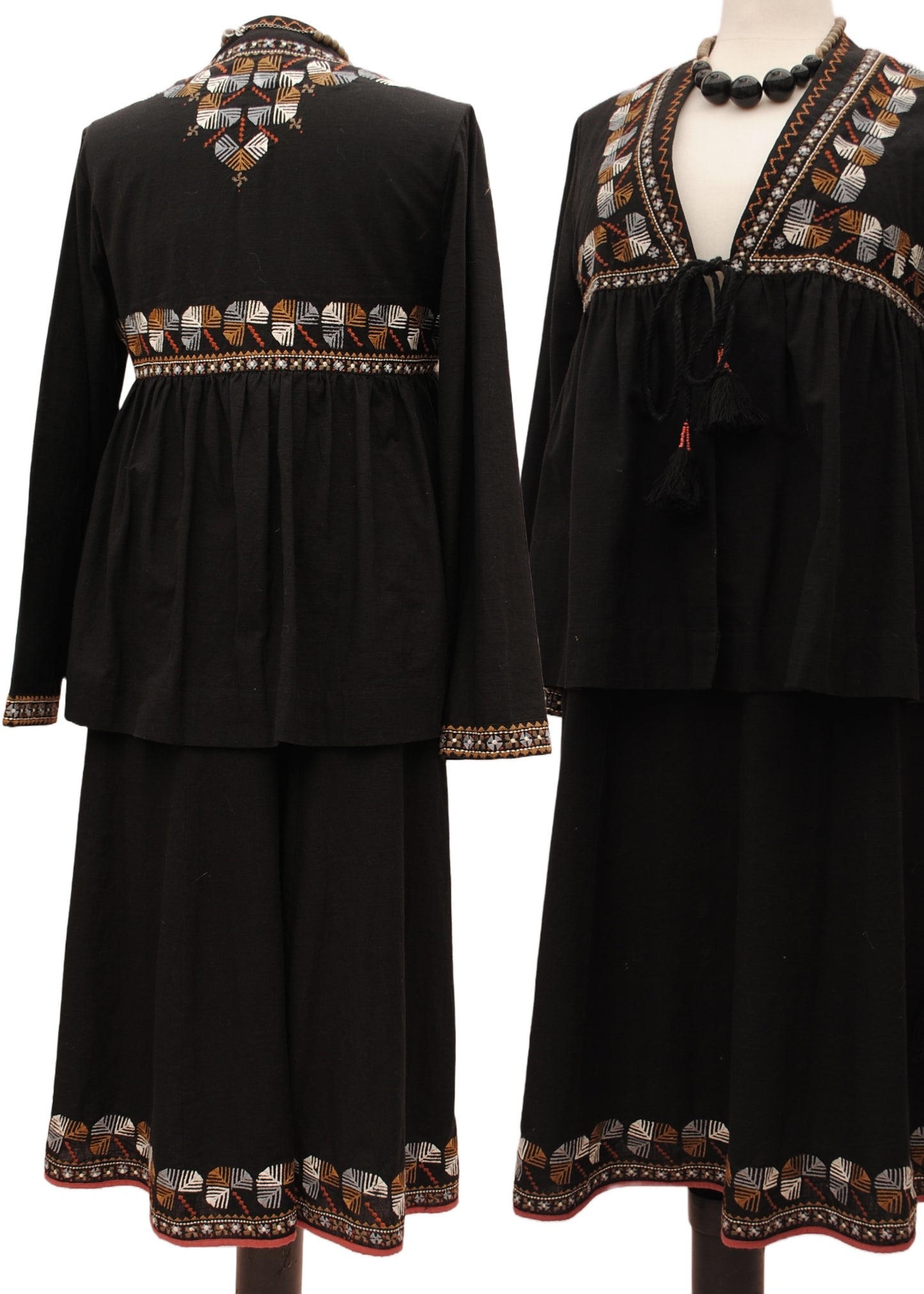 EAST Artisan Bohemian Folk Black Embroidered Cotton Skirt and Jacket