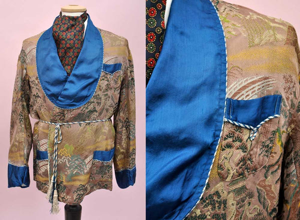 1950s Vintage Blue Silk Brocade Smoking Jacket Robe • Chinoisserie ...