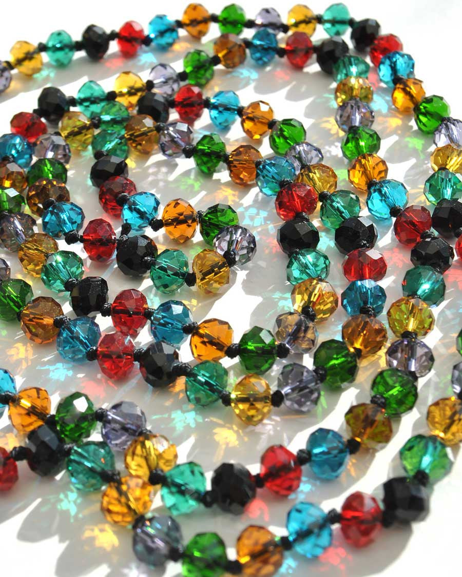 Multicoloured vintage Czech glass beads, long flapper beaded necklace with bohemian glass