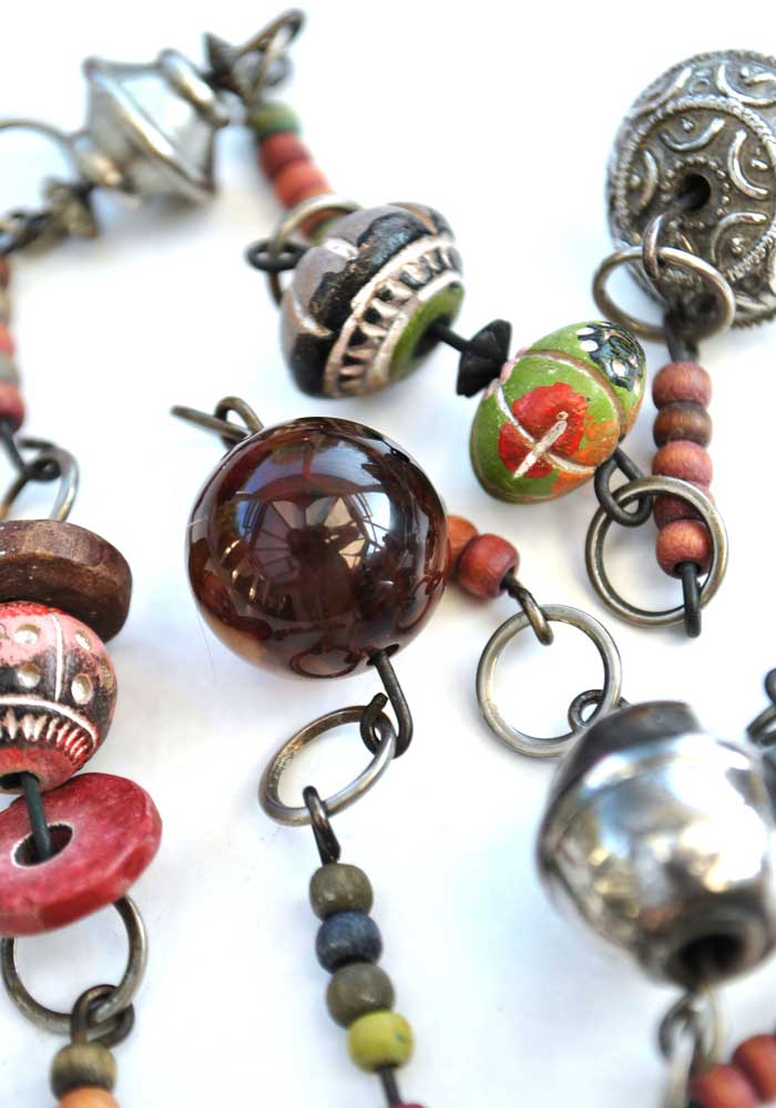 vintage boho tribal necklace with carnelian, silver and hand painted beads