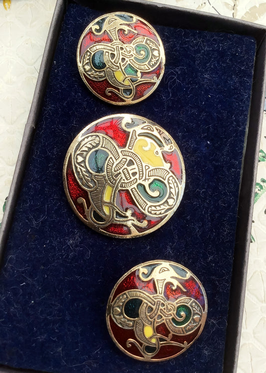 Vintage Celtic Enamel Cloisonné Brooch and Earring Set by Miracle