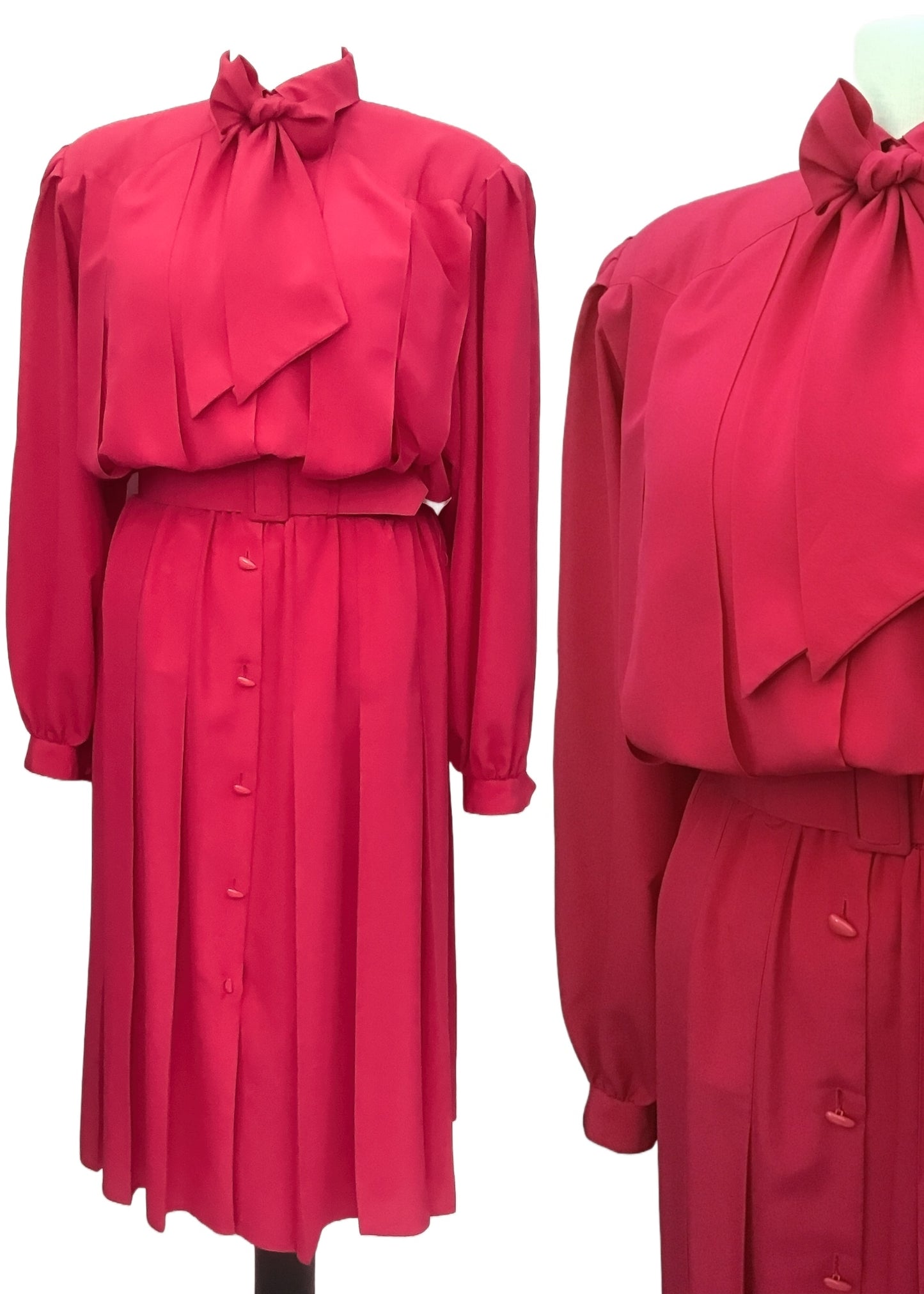 Vintage 80s Hot pink cerise secretary dress, with long sleeve neck tie and pleats, button down for size 16