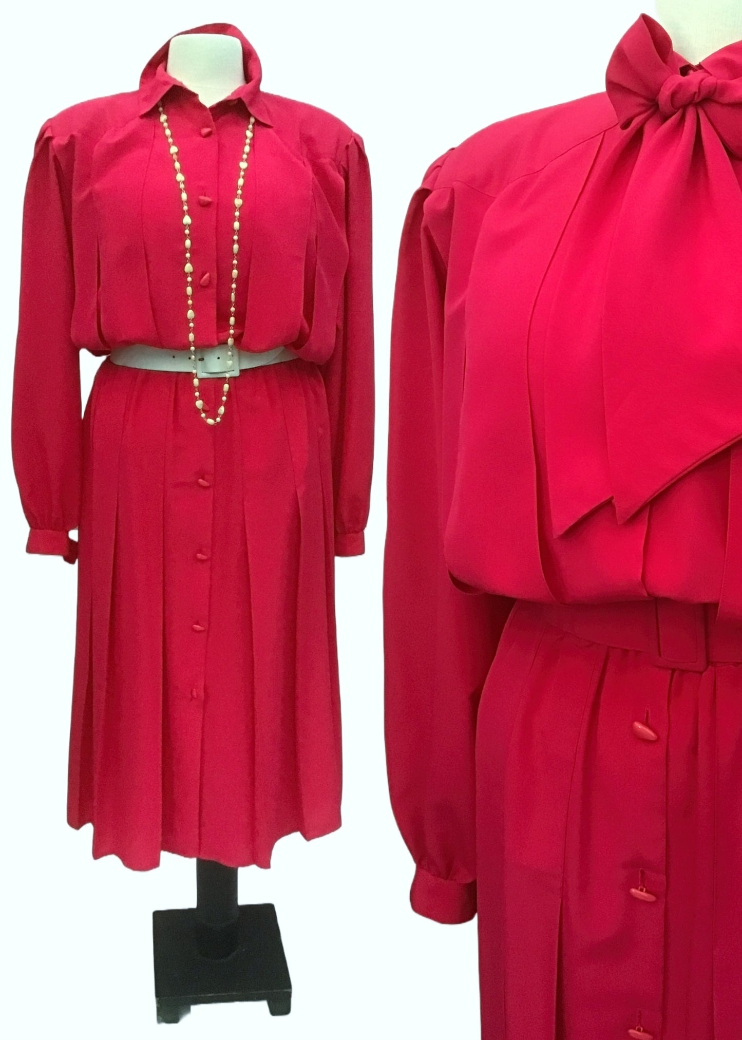 1980s Hot Pink Silky Button Down Day Dress with Long Sleeves Size 14/16