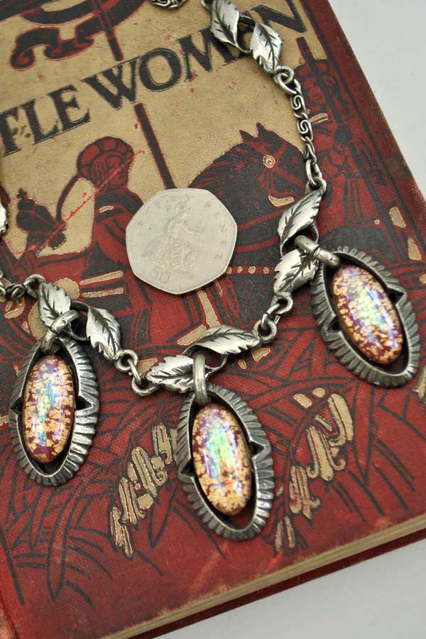 1940s Vintage Foil Opal Glass Pendant Necklace with Leaf Chain • Dragon's Eye